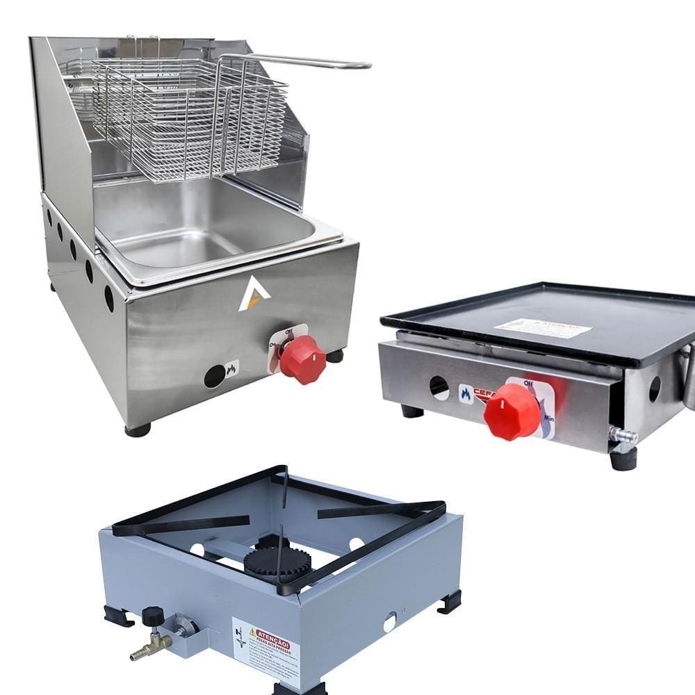 Kit Lanchonete Fogão Portátil 1 Boca + Chapa 30cm e Fritadeira Profissional 1 Cuba Alcamar