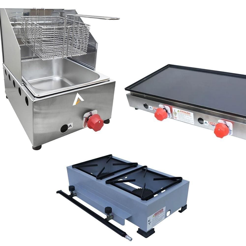 Kit Lanchonete Fogão Portátil 2 Bocas + Chapa 60cm e Fritadeira 1 Cuba 5 Litros Alcamar