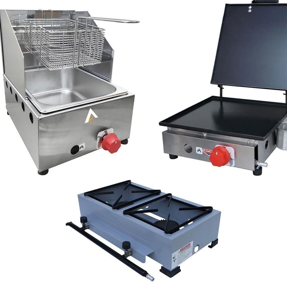 Kit Lanchonete Fogão Portátil 2 Bocas + Chapa 30cm Prensa e Fritadeira Profissional 1 Cuba Alcamar