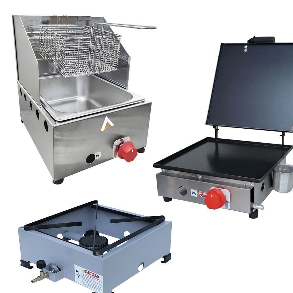 Kit Lanchonete Fogão Portátil 1 Boca + Chapa 30cm Prensa e Fritadeira Profissional 1 Cuba Alcamar