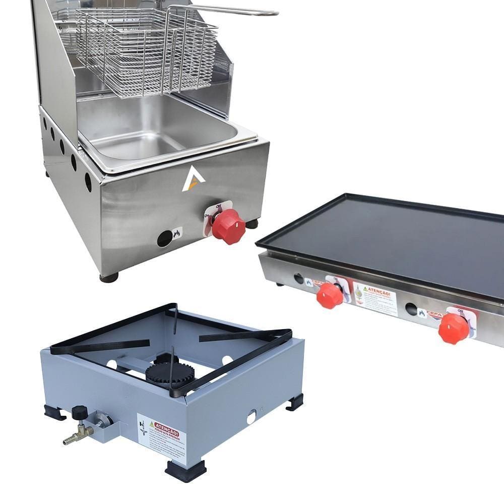 Kit Lanchonete Fogão Portátil 1 Boca + Chapa 60cm e Fritadeira 1 Cuba 5 Litros Alcamar
