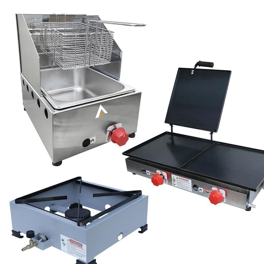 Kit Lanchonete Fogão Portátil 1 Boca + Chapa 60cm com Prensa e Fritadeira 1 Cuba 5 Litros Alcamar
