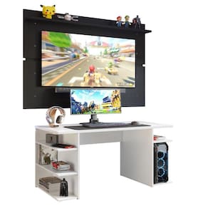 Mesa Gamer Madesa 9409 e Painel para TV até 65 Polegadas - Branco/Preto
