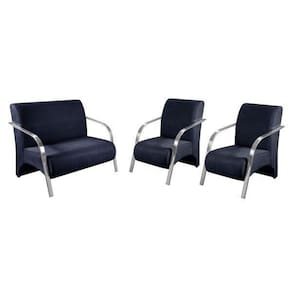Conjunto Poltrona Decorativa Sevilha Braço Alumínio kit 3 peças Confortável Sala Suede Azul Marinho