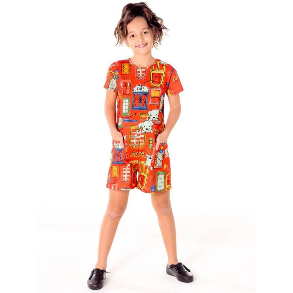 Macaquinho Infantil Cachorros Vermelho Saia de Filó