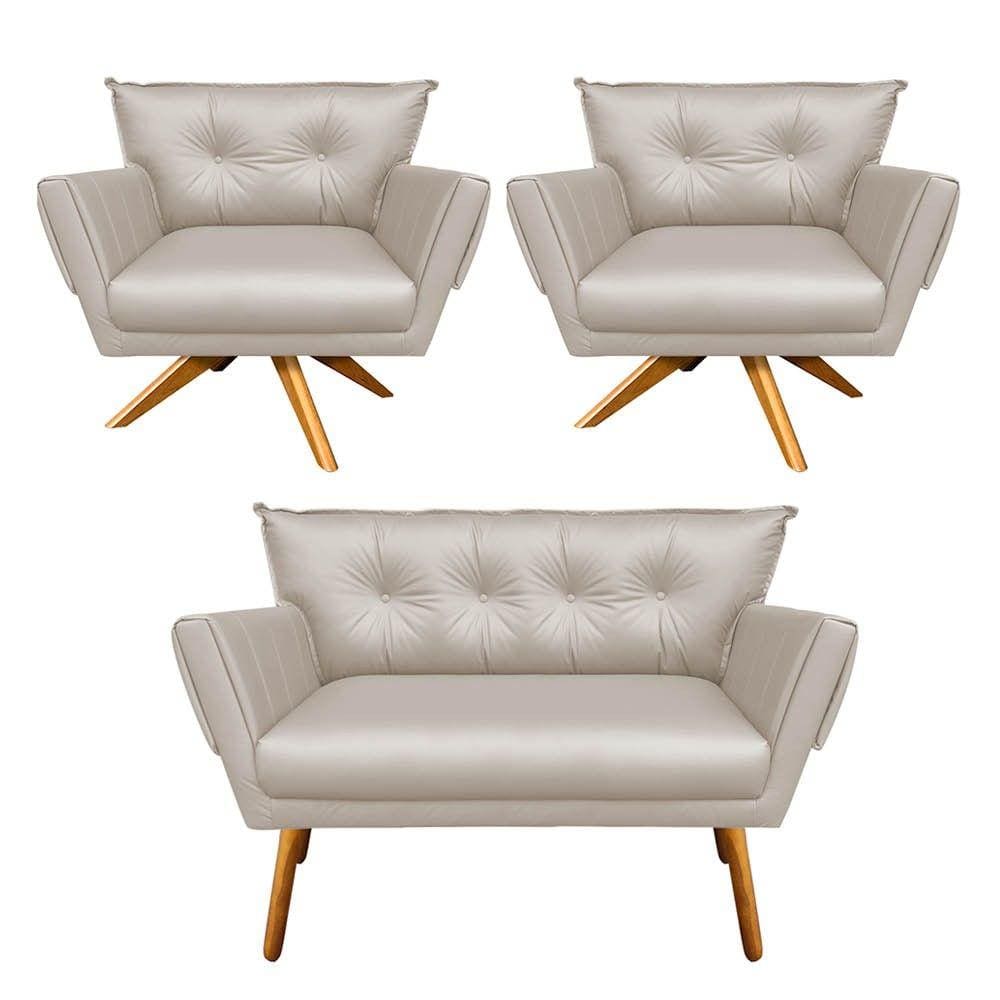 Kit 01 Namoradeira e 02 Poltronas Giratória Anitta Corino Base Madeira D`Rossi