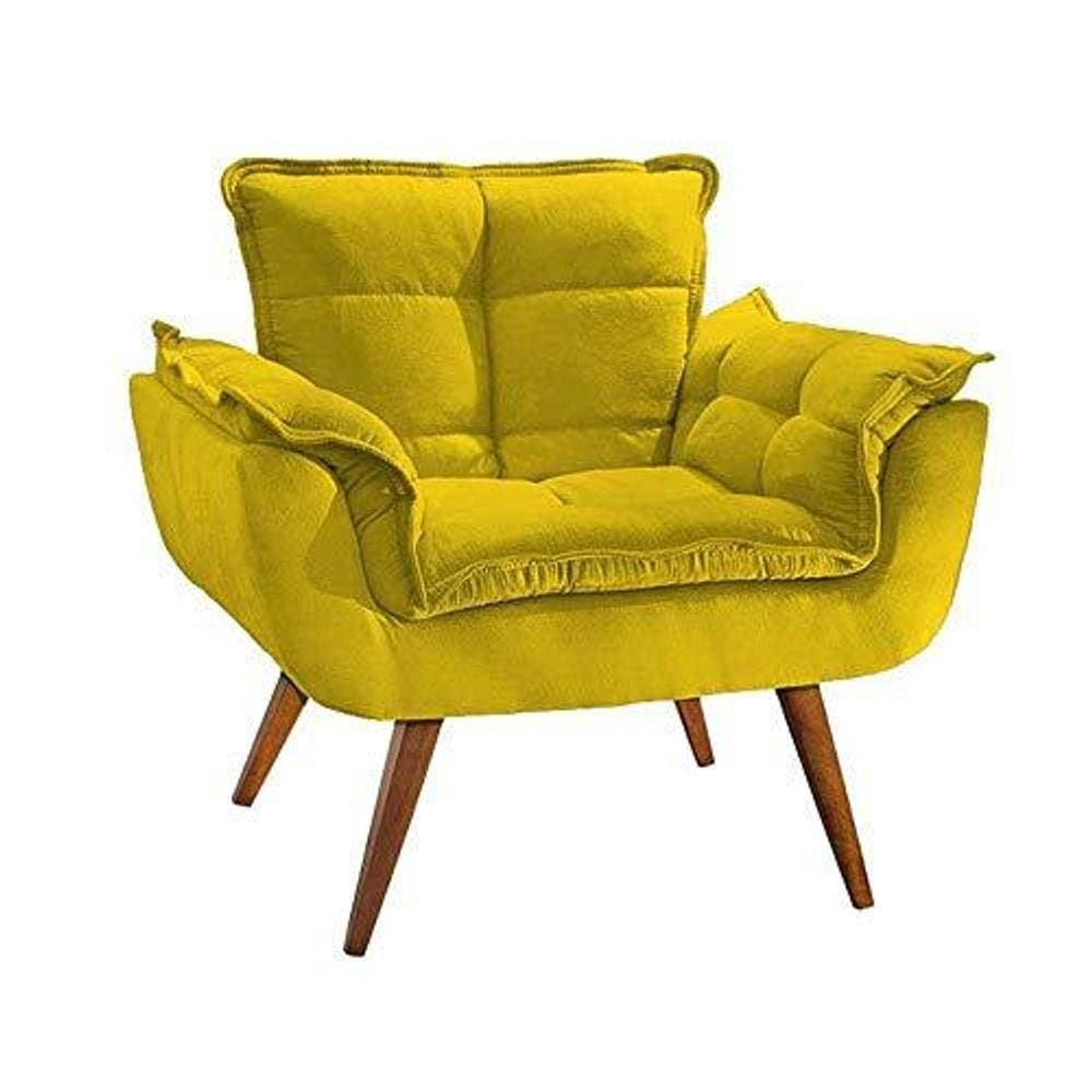 Poltrona Decorativa Perola com Pés Madeira Suede Amarelo