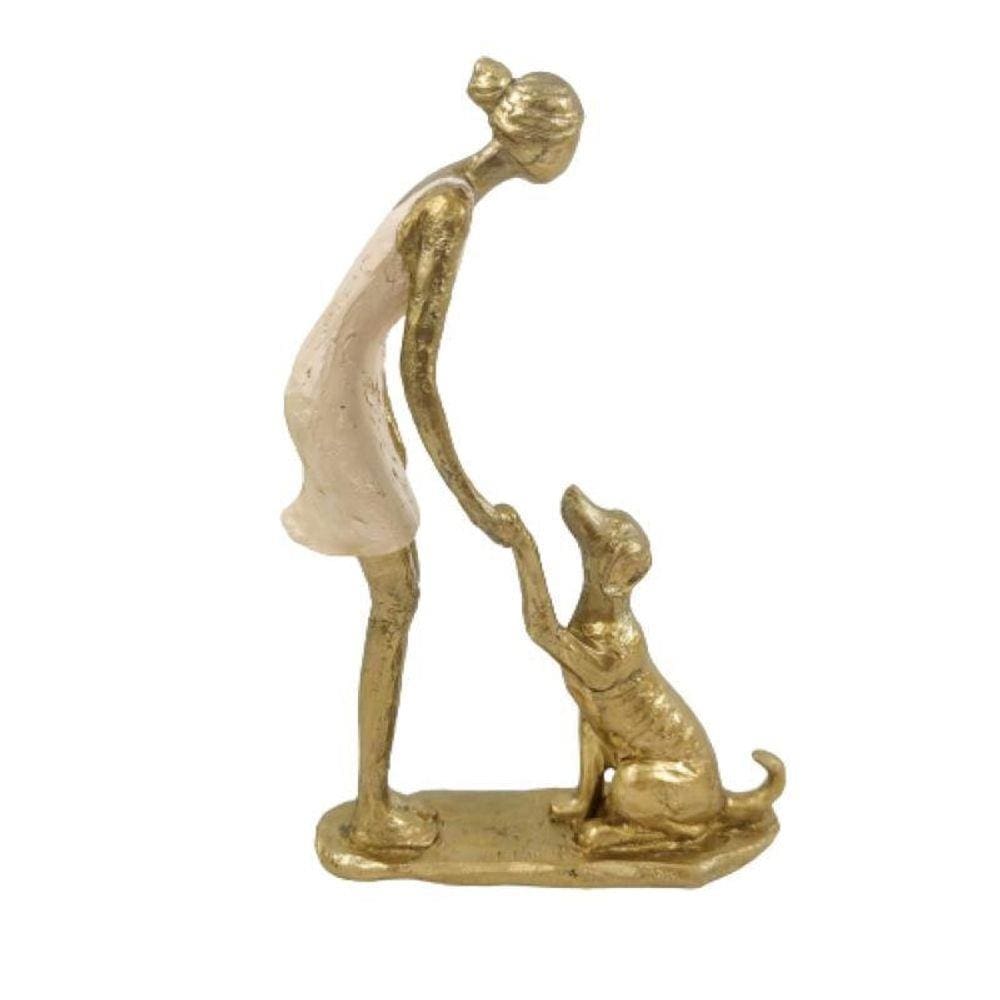 Enfeite Estatua Mulher Com Pet 24X16X5Cm Dourado Cachorro