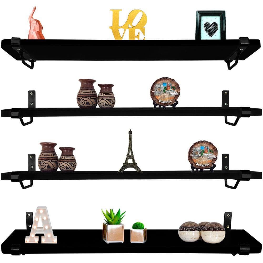Kit Jogo 4 Prateleiras De Livros Parede Mdf Preto 60cm X 15c