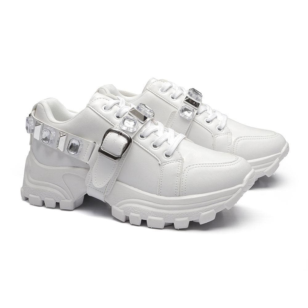 Tênis Branco Sneaker Chunky Feminino Tratorado Pedraria Removível Moda Tendência Blogueira