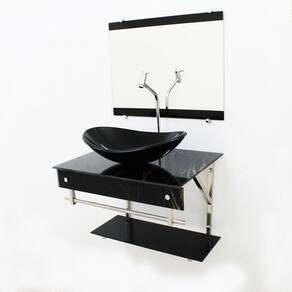 Gabinete de Vidro 60cm Inox com Cuba Oval Mármore Preto