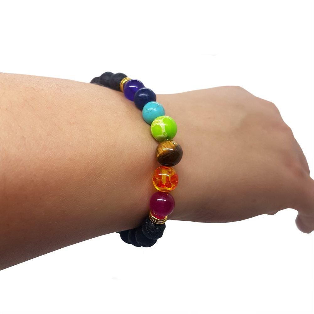 Pulseira Feminina 7 Chakras com Pedra Vulcânica Ajustável