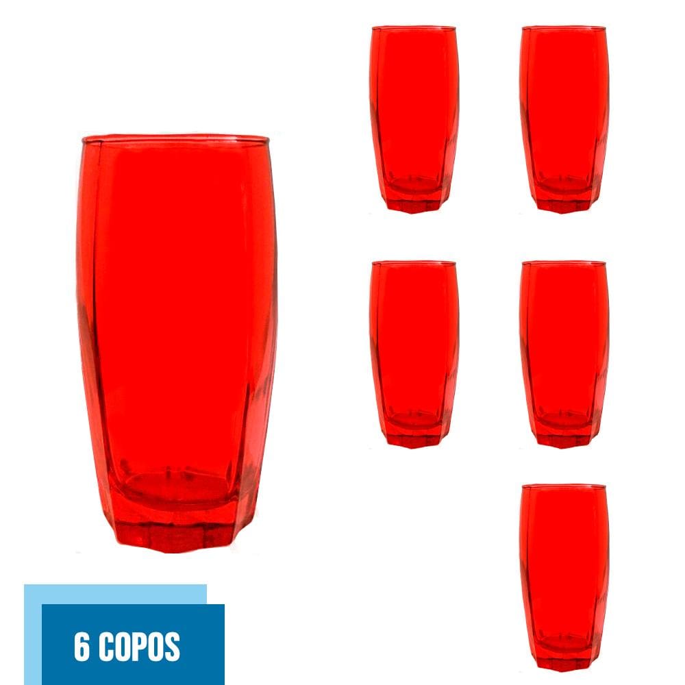 Jogo De 6 Copos Vidro 370ml Florence Glamour Vermelho
