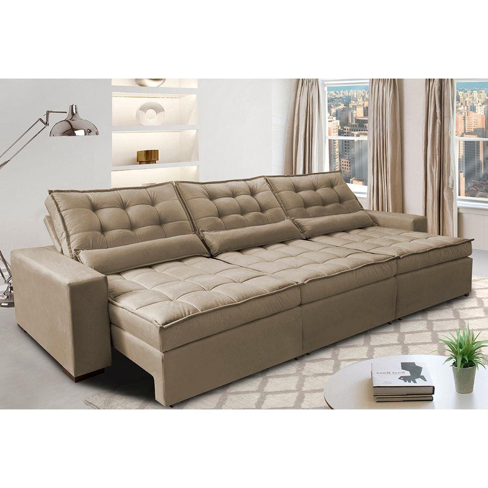 Sofá Retrátil e Reclinável 4,12m com Molas Ensacadas Cama Inbox Gold Tecido Suede Velusoft