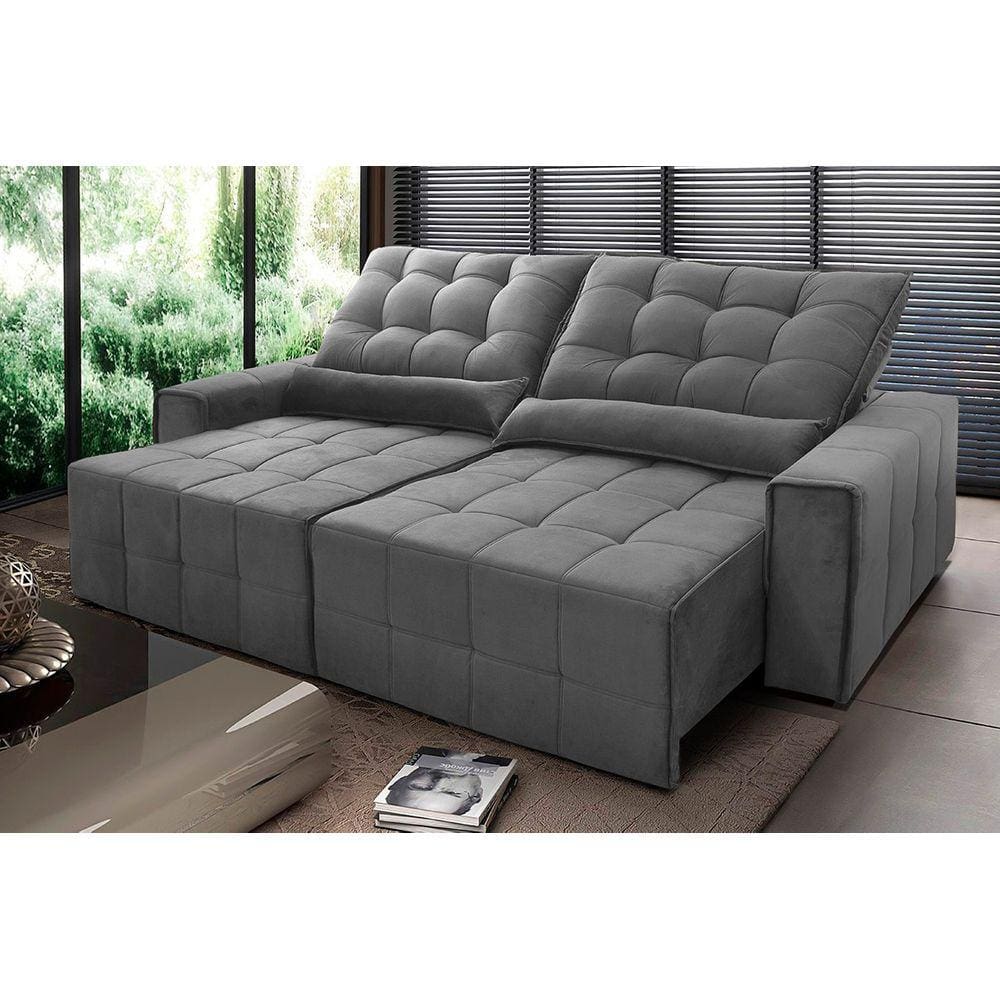 Sofá Retrátil Reclinável Alaska 2,50m Suede Velut Cinza c/ Molas no Assento - King House