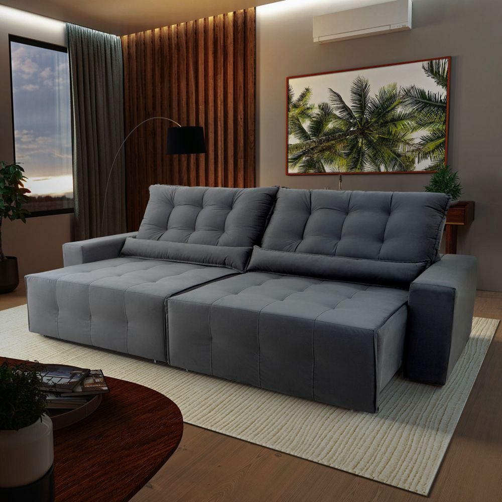 Sofá Retrátil Reclinável Montebello 2,30m Suede Velut Cinza c/ Molas no Assento - King House