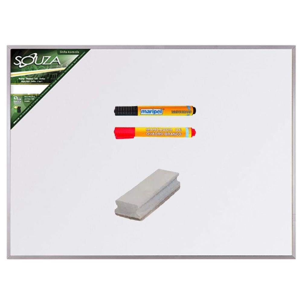 Conj Quadro Branco Standard 120x90 cm Com Moldura de Alumínio Pop Referência 5605 + 2 Marcador Para Quadro Branco + 1 Apagador Qdo Bco Em EVA
