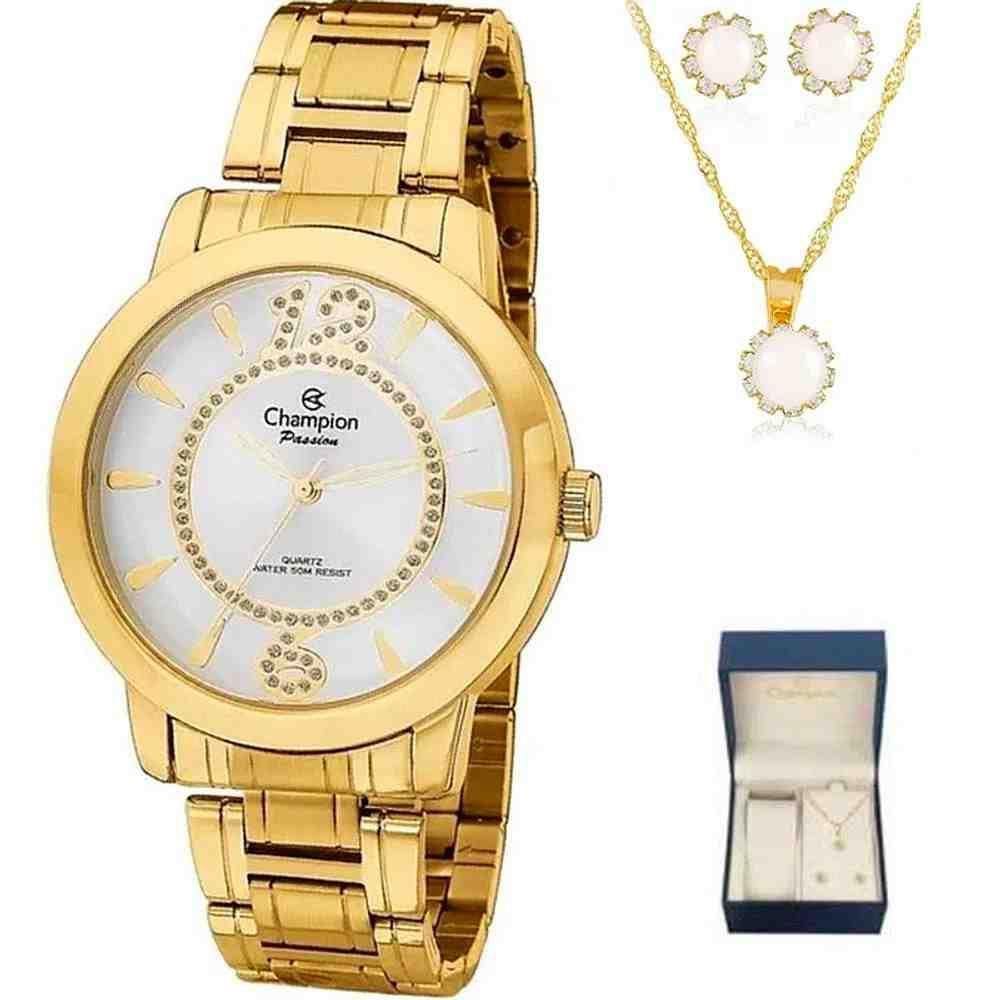 Kit Relógio Champion Feminino Dourado CH24259D