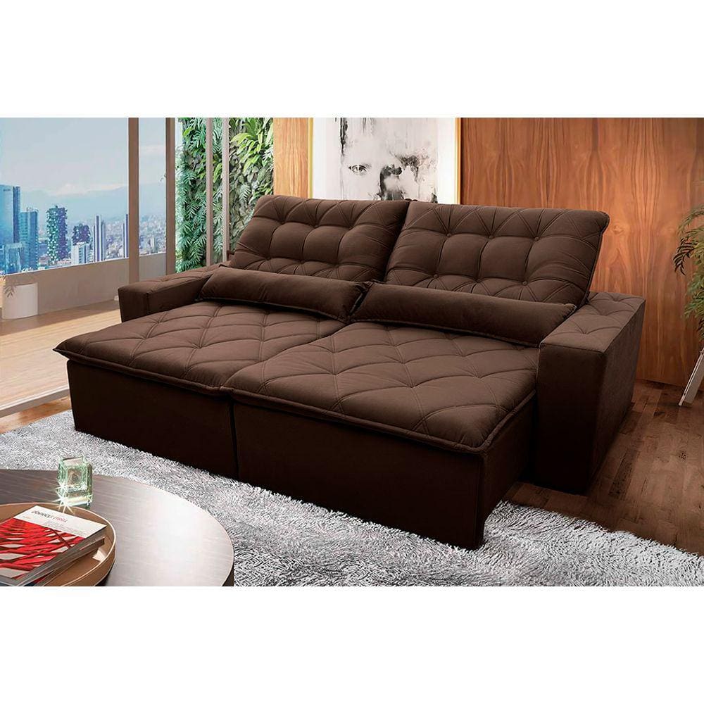 Sofá Retrátil Reclinável Islândia 2,30m Suede Velut Marrom c/ Molas no Assento - King House
