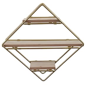 Estante Decorativa Geométrica Metálica com Suportes de Madeira Dourado com Marrom 30X30X10 cm D`Rossi