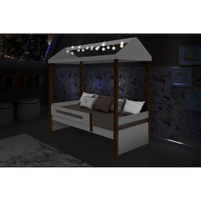 Cama Casa Sara Branco/Mel com Cordão de Luzes LED