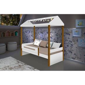 Cama Casa Sara Branco/Mel com Cordão de Luzes LED com colchão