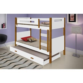 Beliche Heloisa Branco/Mel com Escada e Grade de Proteção com Cama Auxíliar com 3 colchões