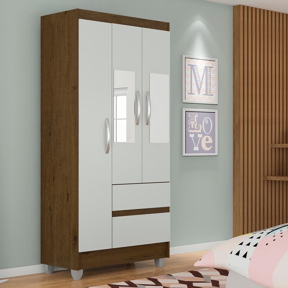 Guarda Roupa Solteiro Lohaine 3 Pts C/ Espelho Cedro/ Off White - Moveis Arapongas