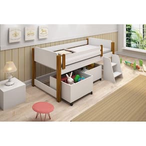 Cama Naty Branco/Mel com 2 nichos e escadinha
