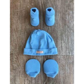Kit Sapatinho + Luva + Touca de Tricot Azul Bebê Fio de Amor Baby