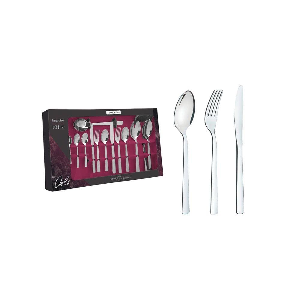 FAQUEIRO TRAMONTINA OSLO EM AçO INOX COM FACAS DE MESA ACABAMENTO ALTO _ILHO 101 PEçAS - Prata