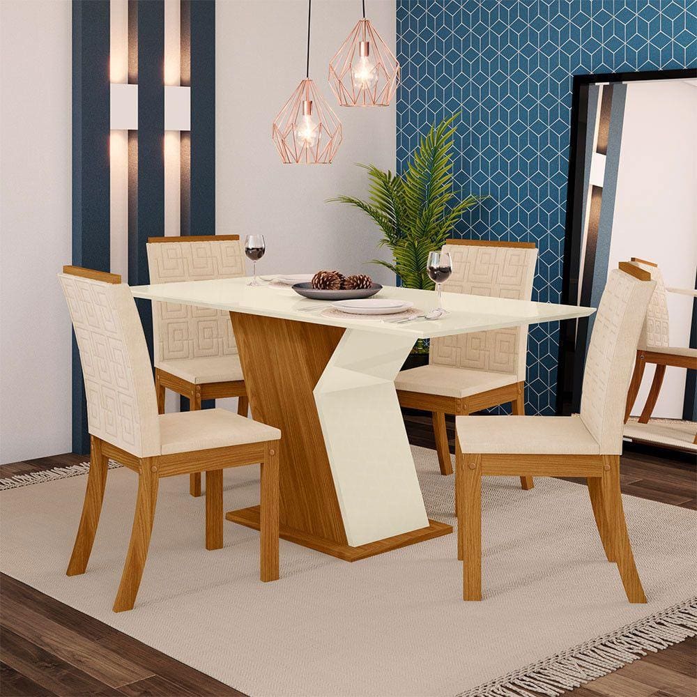 Conjunto Sala de Jantar Mesa 120cm Tampo MDF 4 Cadeiras Kesha Casa 812