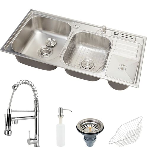Cuba Para Cozinha Pia Dupla Em Aço Inox Com Acessórios Lixeira Nukini E Torneira Munim Pingoo.casa - Prata é boa?