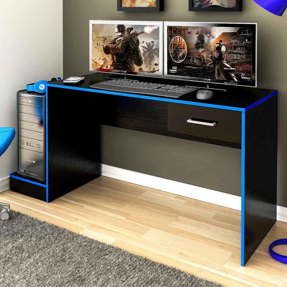 Mesa Gamer Azul Com Preto Com Gaveta | Casas Bahia