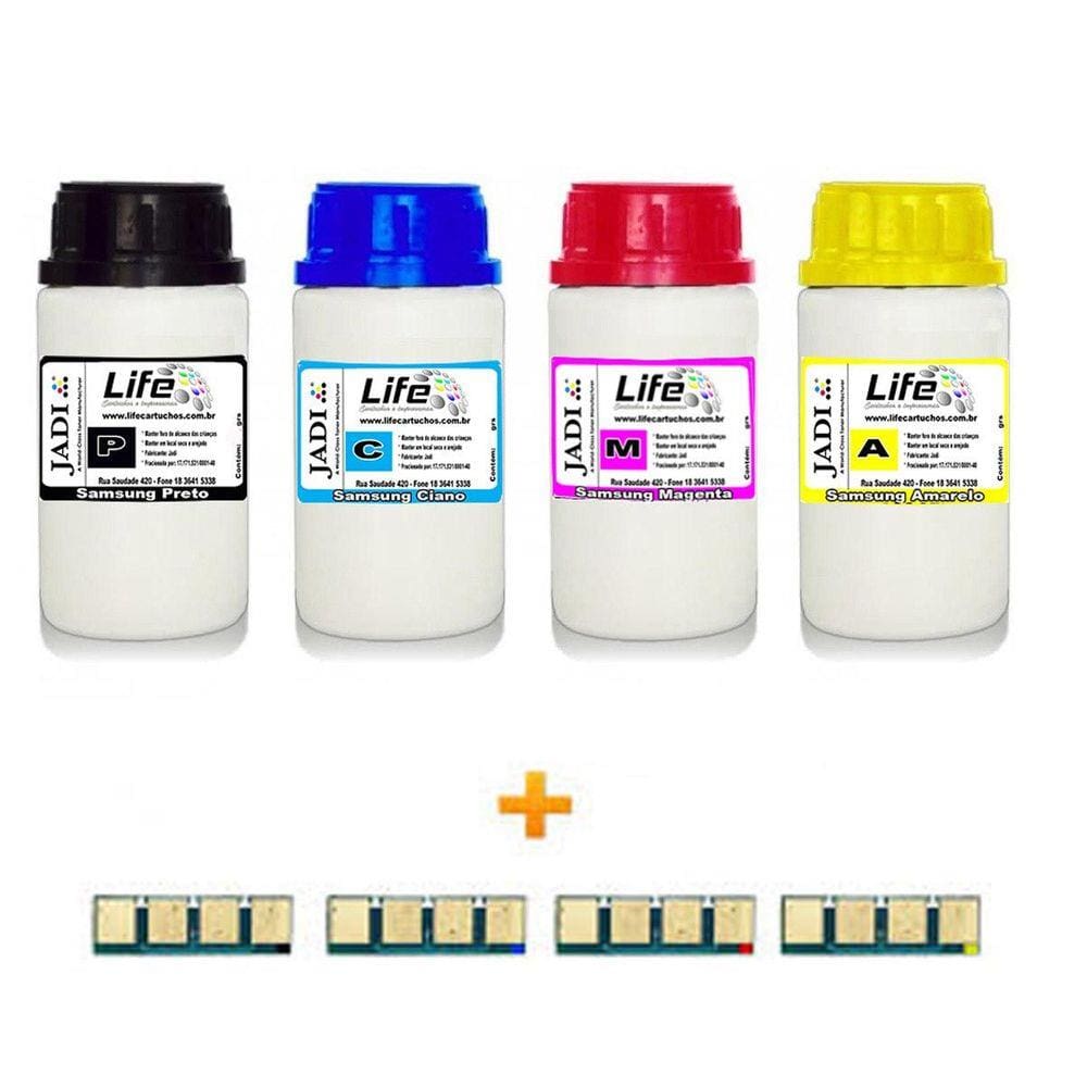 Kit 4 Refil Pó Toner + 4 Chip Samsung K406 C406 M406 Y406 - CLP365 C460W C460FW C410W