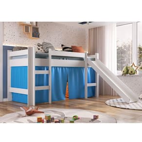Cama Elevada com Escorregador e Cortina Completa Móveis Branco/Azul