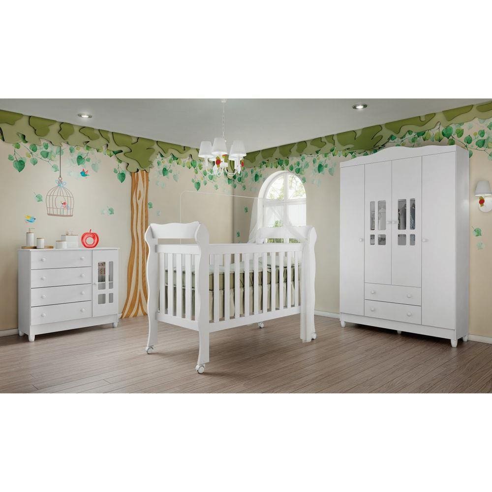 Quarto de Bebê com Guarda Roupa 4 Portas Cômoda Fraldário e Berço Ariel Carolina Baby Branco Brilho