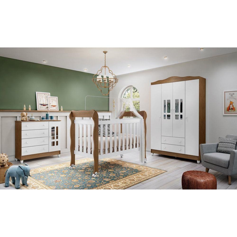 Quarto de Bebê com Guarda Roupa 4 Portas Cômoda Fraldário e Berço Ariel Carolina Baby Amadeirado Rústico