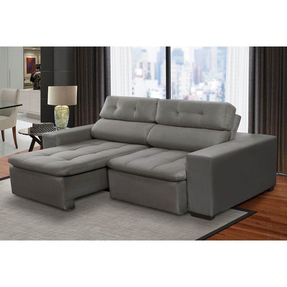 Sofá 3 Lugares Retrátil e Reclinável Antonela 2,10m Suede Cinza Madelina Decor