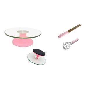 Bailarina Giratória De Vidro P/ Confeitar Rosa Claro + Espátula Lisa + Batedor de Bolos Rosa Claro