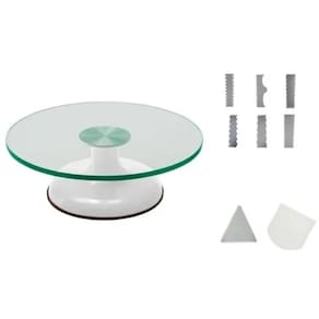 Bailarina Giratória Vidro Para Bolos Branca + 6 Espátulas Decorativas + Serrilhada e 4 Funções