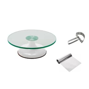 Bailarina Giratória Vidro P/ Decorar Bolos Branca + Espátula Tubular + Raspador Meia Lua Inox