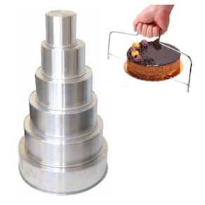 Conjunto Formas Redondas Altas 6 peças alumínio + Nivelador/ Cortador para Bolos em Inox
