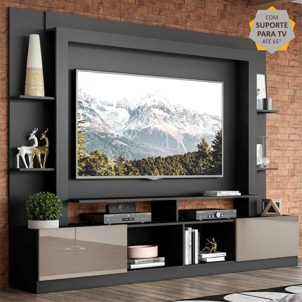Rack Estante c/ Painel e Suporte TV 65" e 2 portas Oslo Multimóveis Preto/Lacca Fumê