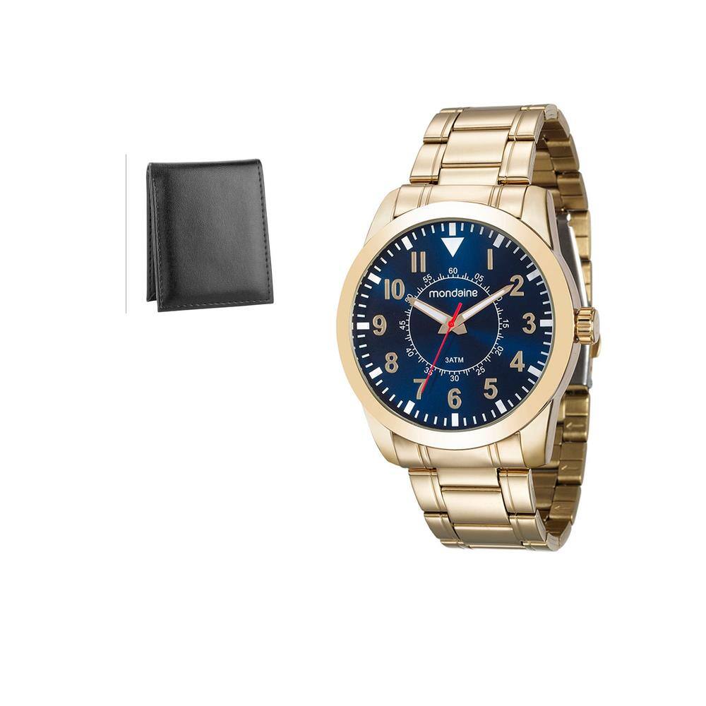 Relogio Mondaine Masculino Dourado Visor Azul Numeros 99138Gpmvde2 +  Carteira | Casas Bahia