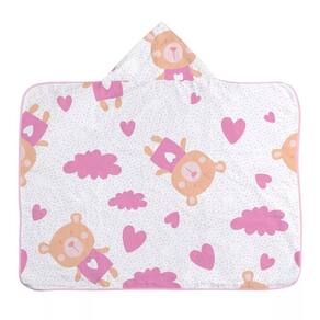 Toalha De Banho Com Capuz Bebê Rosa Estampinha Urso
