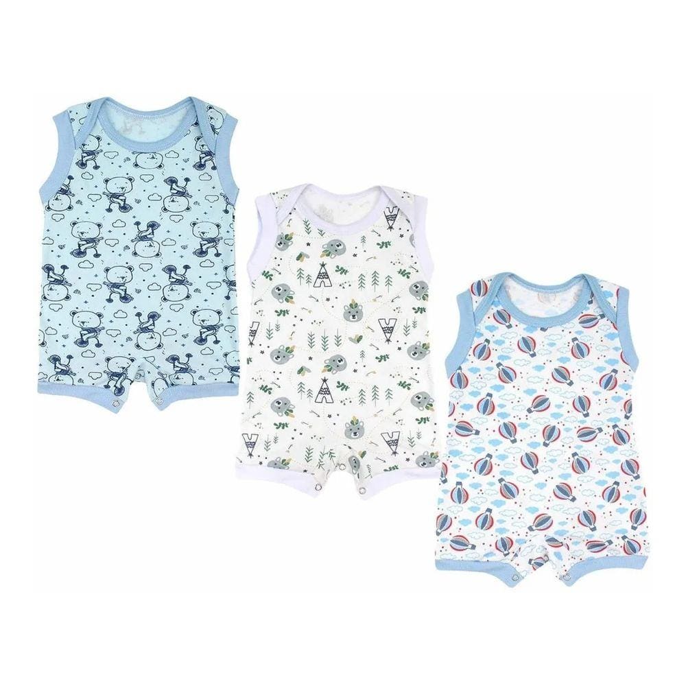 Kit 3 Peças Macacão Bebê Banho De Sol Regata Verão - Menino