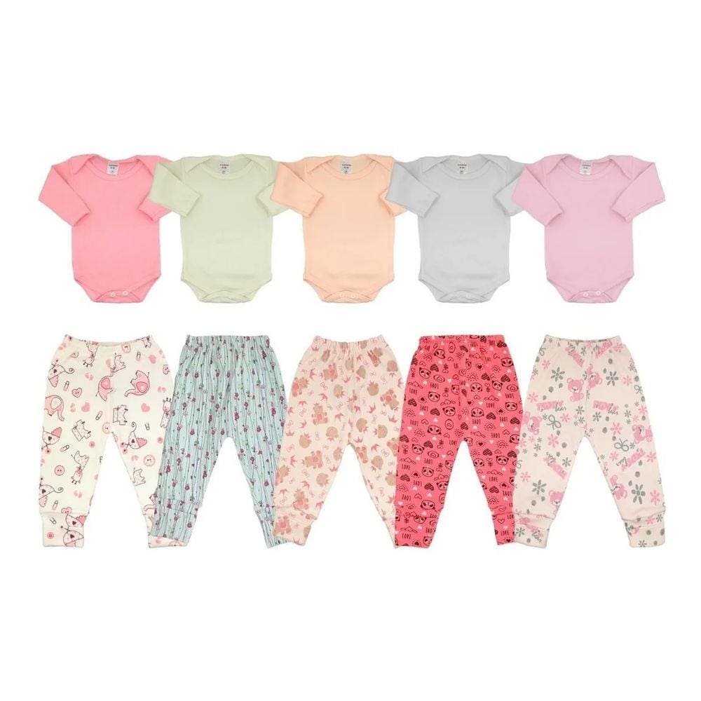Kit Enxoval 10Pçs Roupa Bebê Body Manga Longa e Mijão Menina