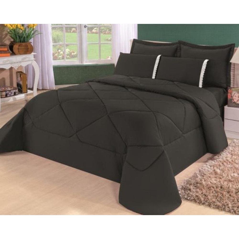 Edredom Casal Queen + Lençol Conforto Dupla Face 6Pçs Preto