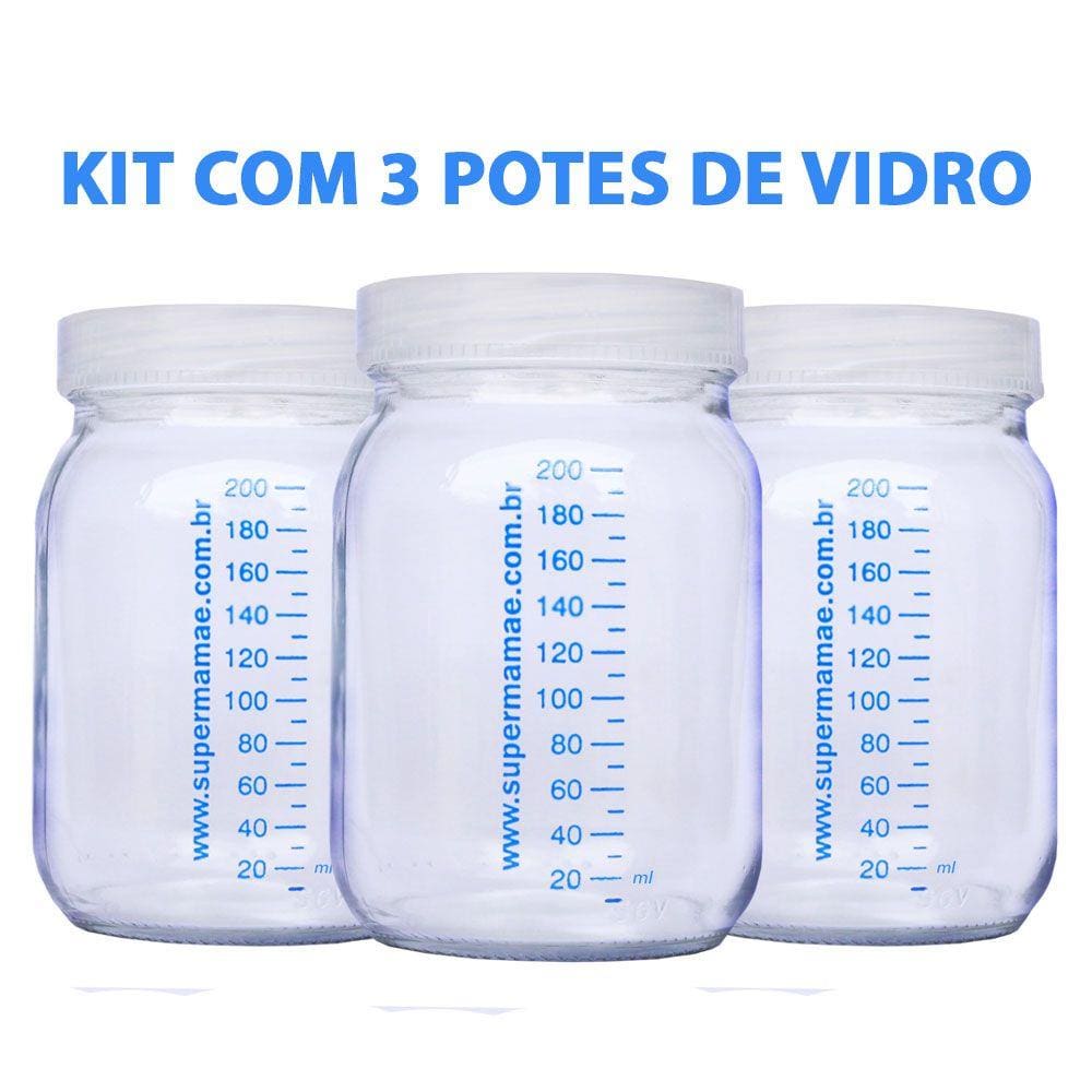 Kit com 3 Potes de Vidro para Armazenar Leite Materno 200ml Com Graduação